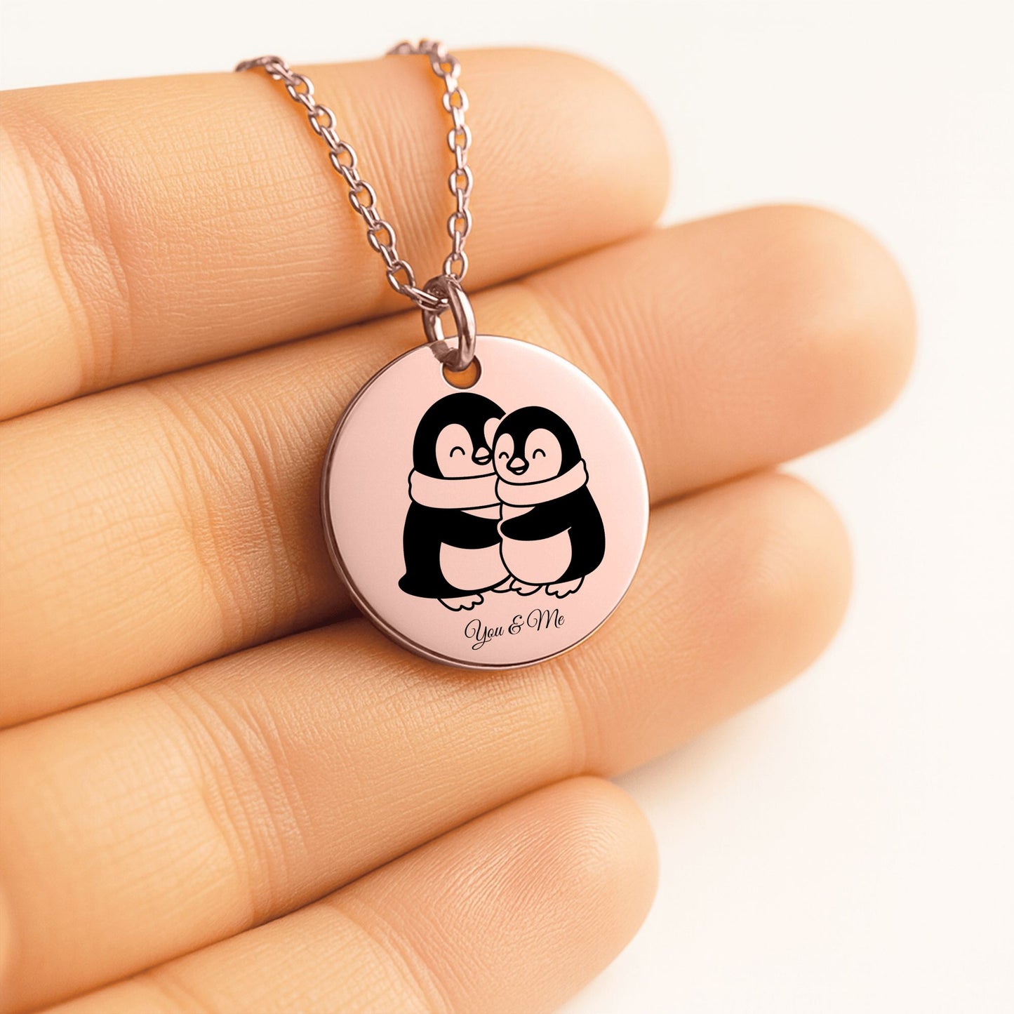 Personalized Penguin Coin Necklace for Couples – Custom Valentine Jewelry