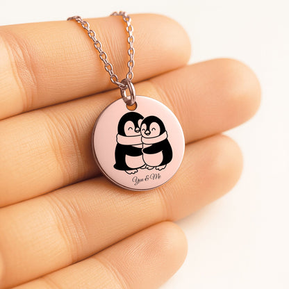 Personalized Penguin Coin Necklace for Couples – Custom Valentine Jewelry