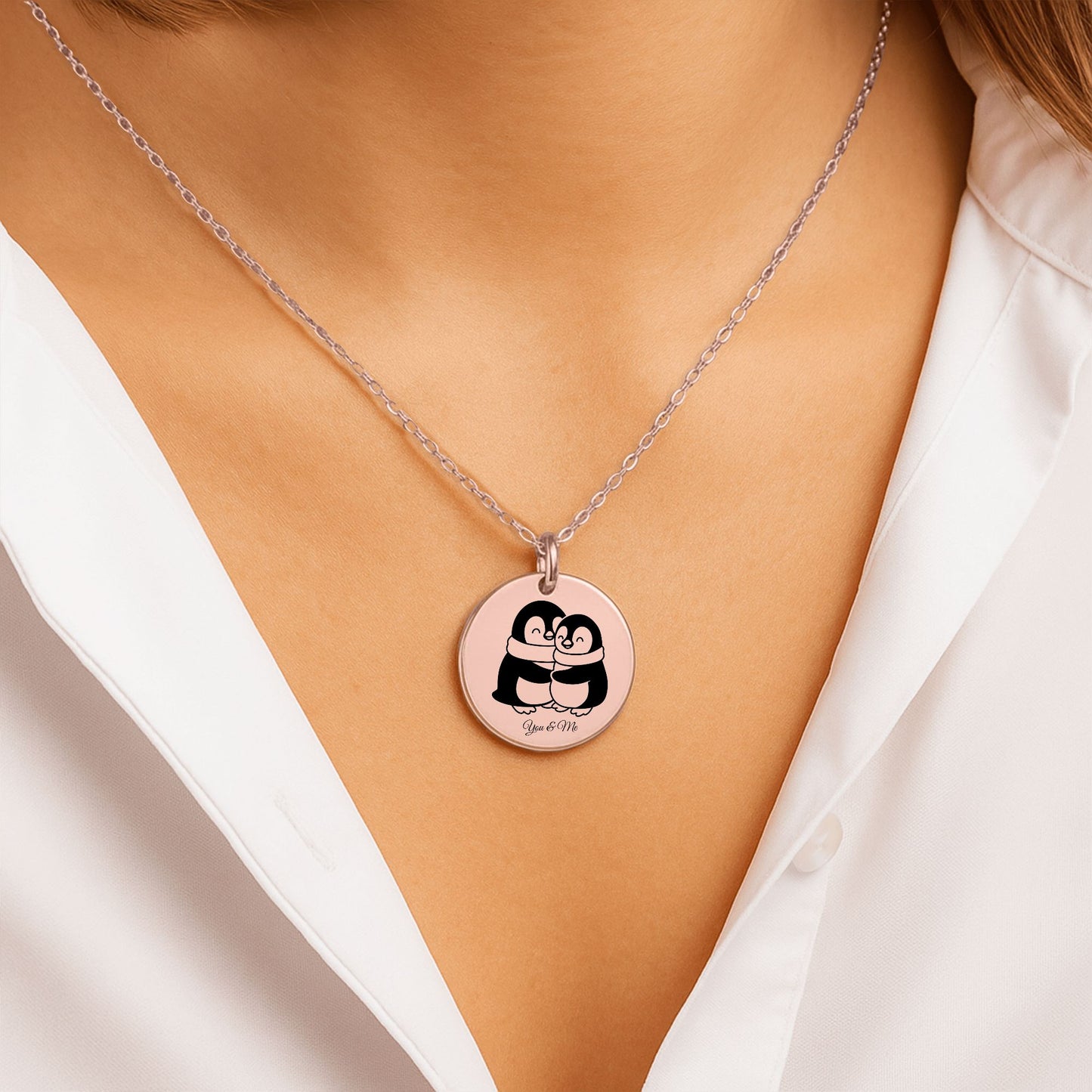 Personalized Penguin Coin Necklace for Couples – Custom Valentine Jewelry