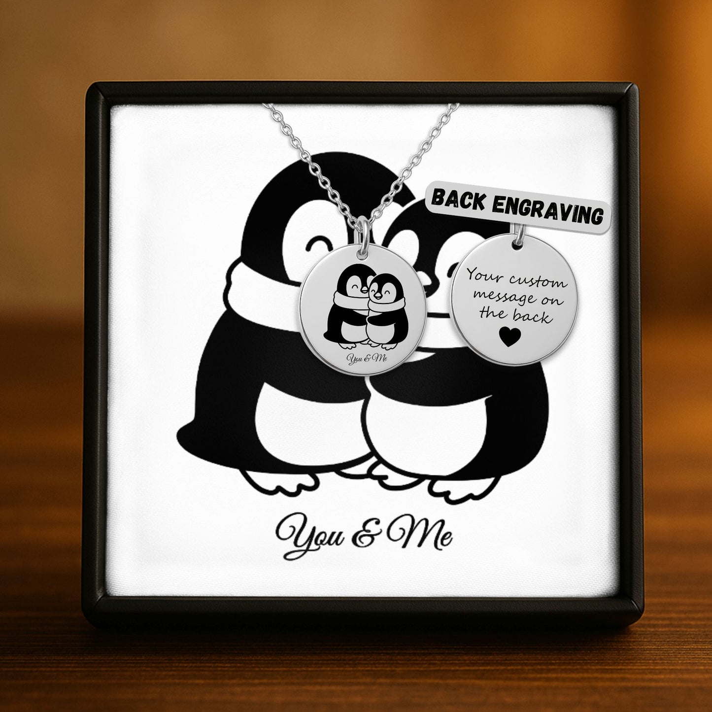 Personalized Penguin Coin Necklace for Couples – Custom Valentine Jewelry