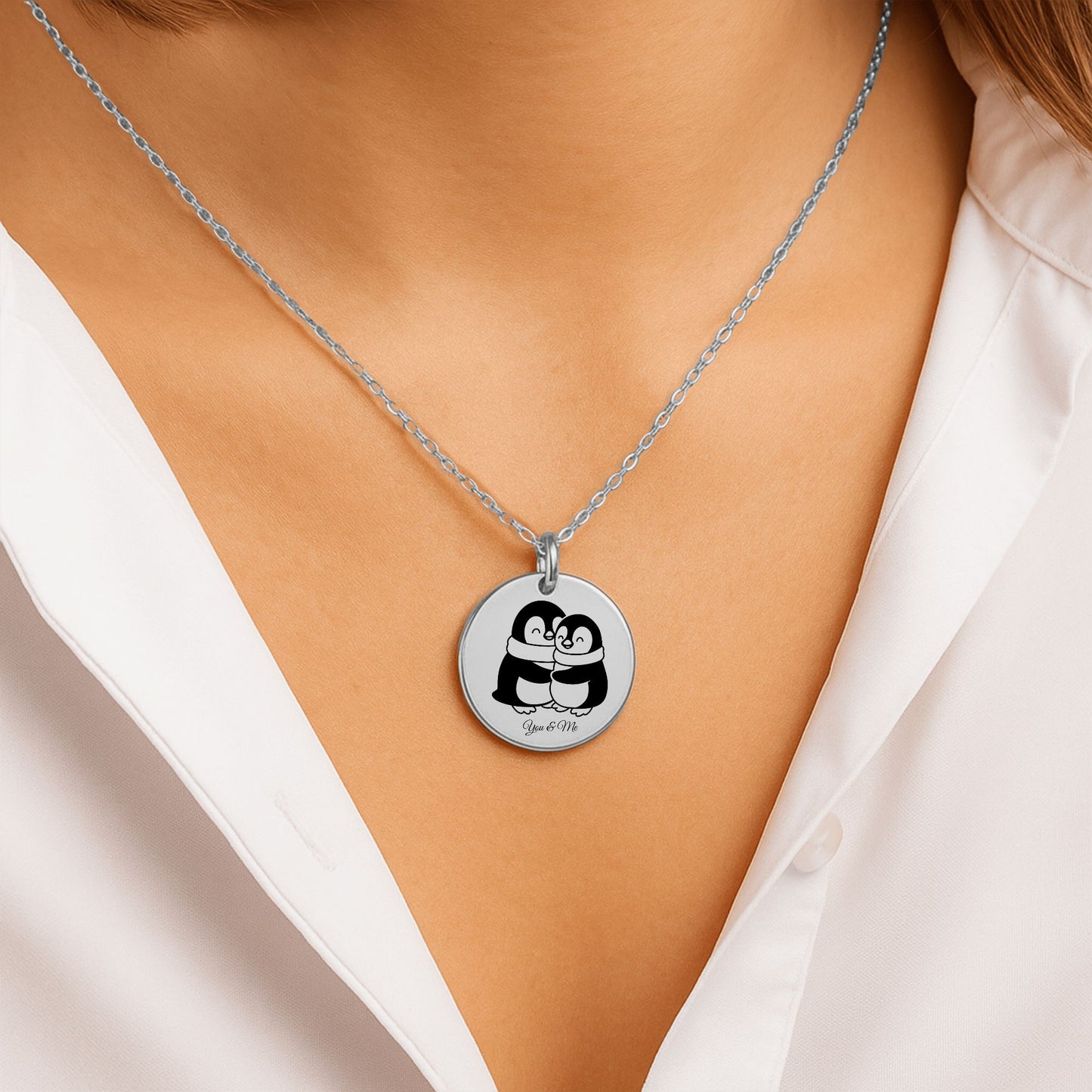 Personalized Penguin Coin Necklace for Couples – Custom Valentine Jewelry