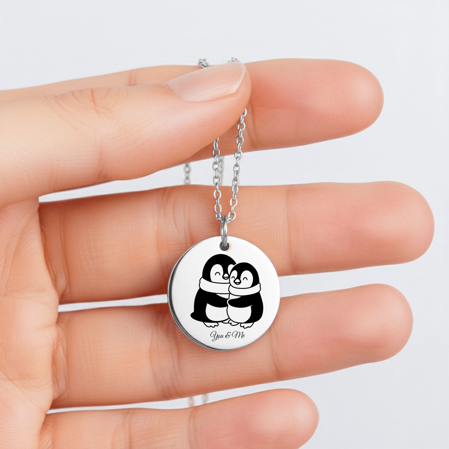 Personalized Penguin Coin Necklace for Couples – Custom Valentine Jewelry