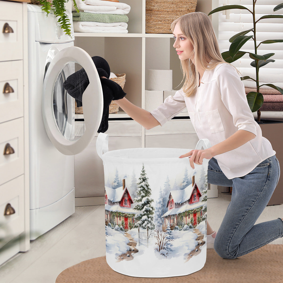 Christmas Round Laundry Basket Winter scene